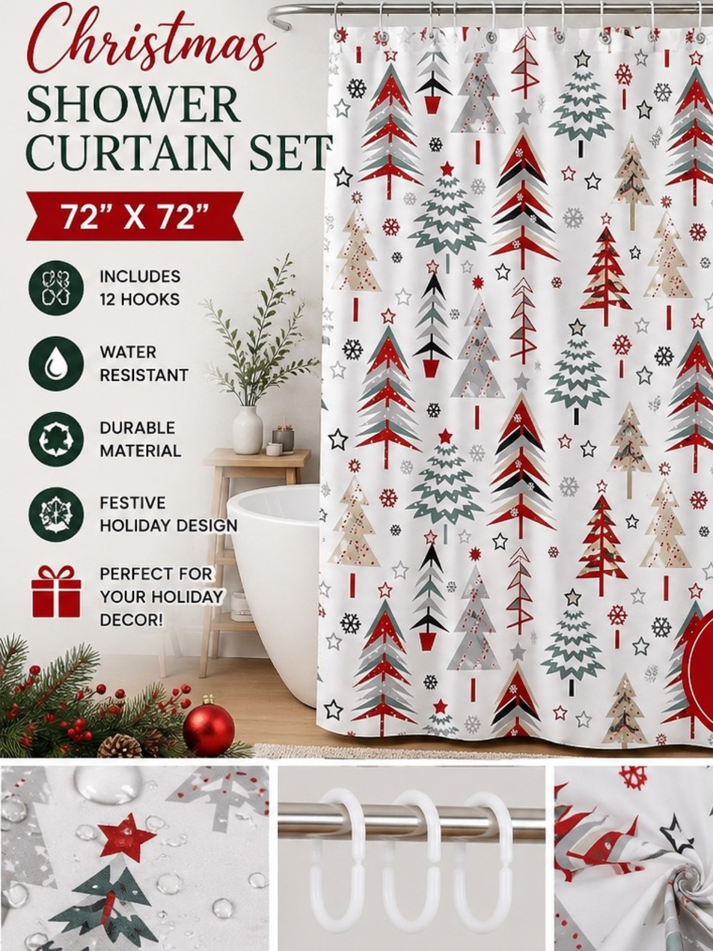 🎄 Christmas Shower Curtain Set | 72” x 72” | Includes 12 Hooks | NWT